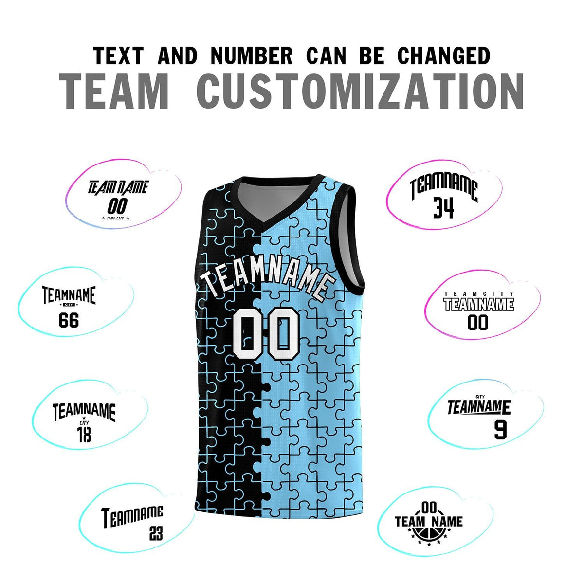 Custom Youth Basketball Jersey Black Light Blue Puzzle Pattern Add Name, Number &amp; Team Logo