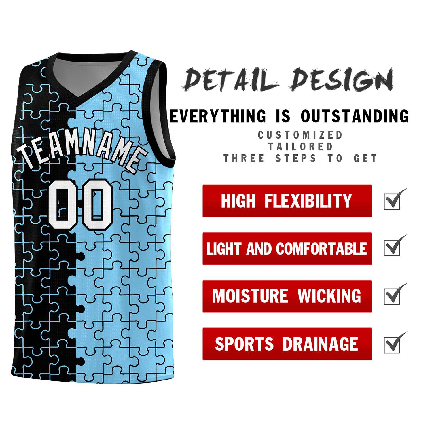 Custom Youth Basketball Jersey Black Light Blue Puzzle Pattern Add Name, Number & Team Logo