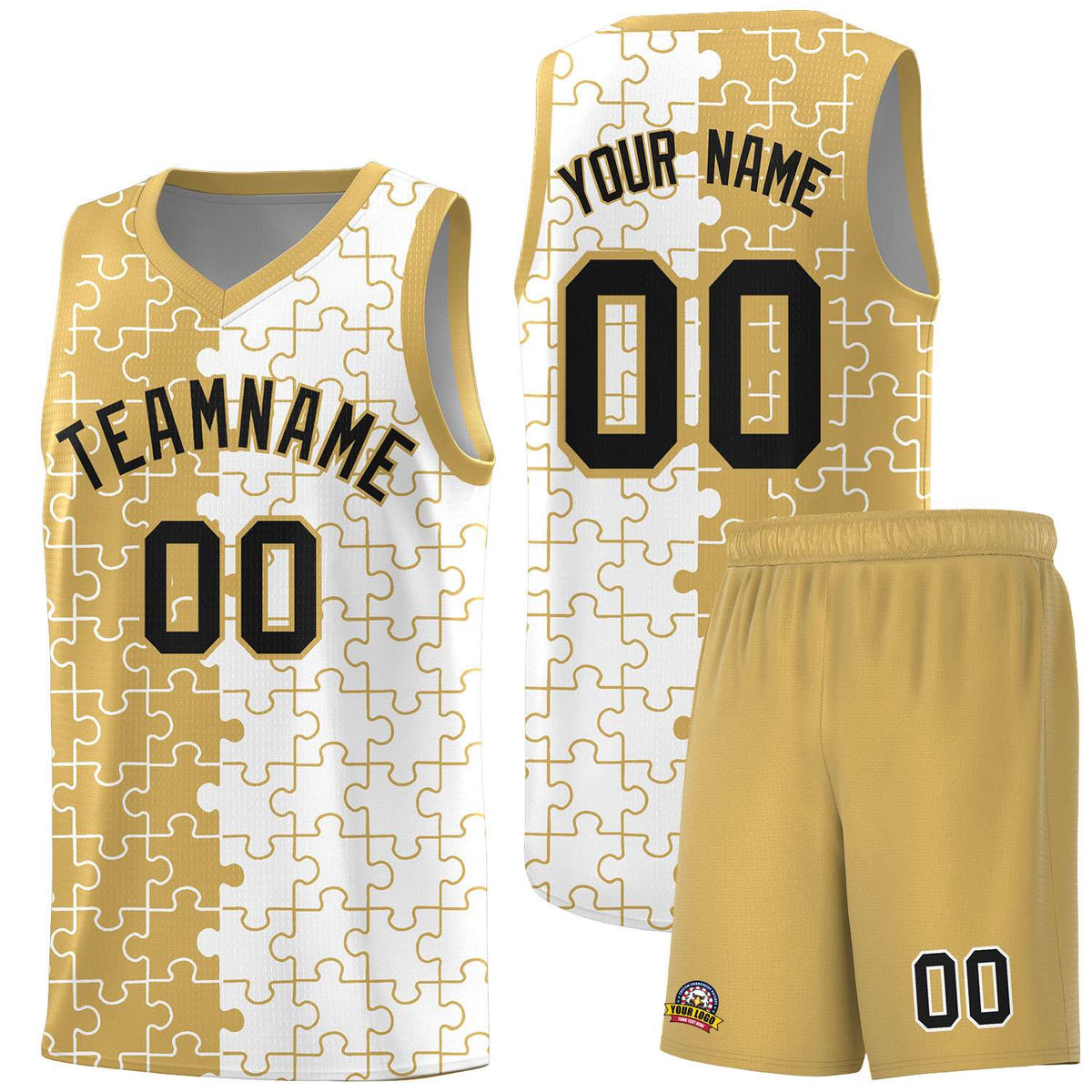 Custom Youth Basketball Jersey Old Gold White Puzzle Pattern Personalized Team Uniform
