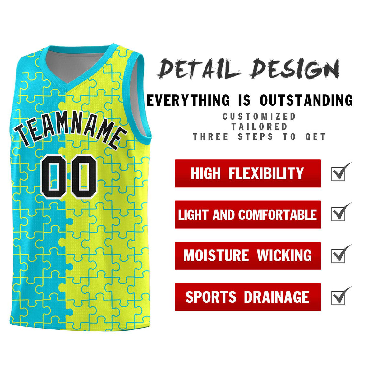 Custom Youth Basketball Jersey Sky Blue Fluorescent Green Puzzle Pattern Personalized Team Uniform