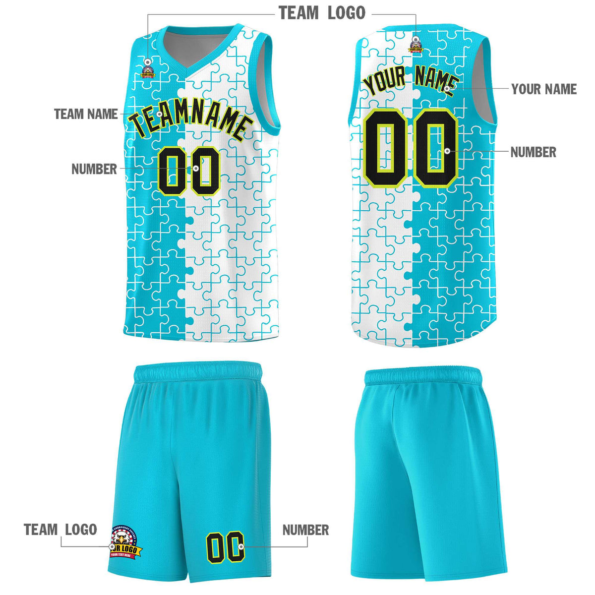 Custom Youth Basketball Jersey Sky Blue White Puzzle Pattern Breathable Team Uniform