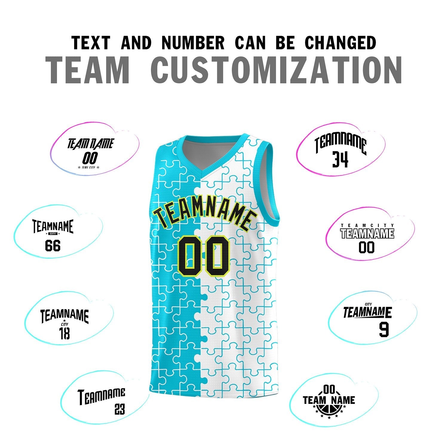 Custom Youth Basketball Jersey Sky Blue White Puzzle Pattern Breathable Team Uniform