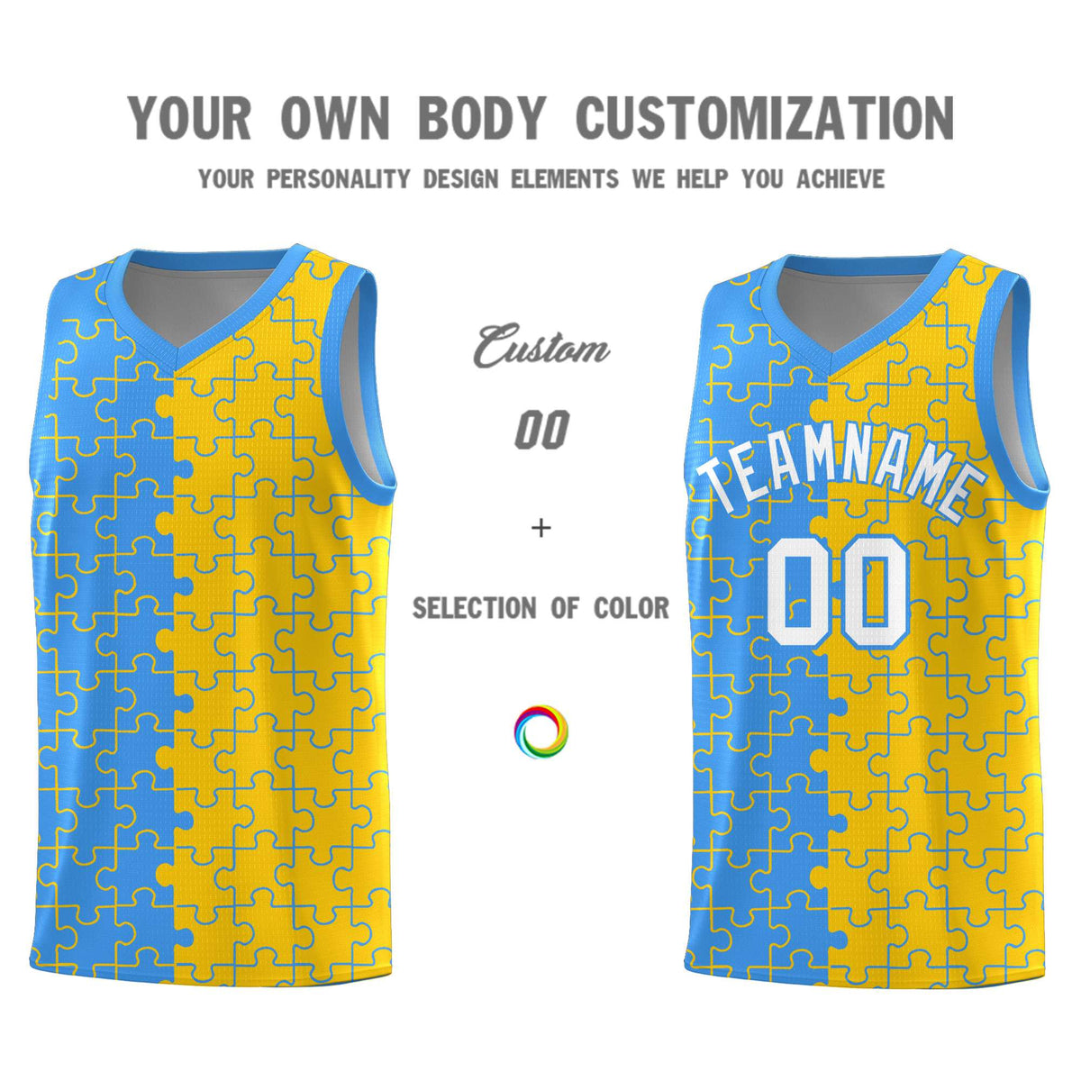 Custom Youth Basketball Jersey Light Blue Gold Puzzle Pattern Moisture-Wicking Team Uniform