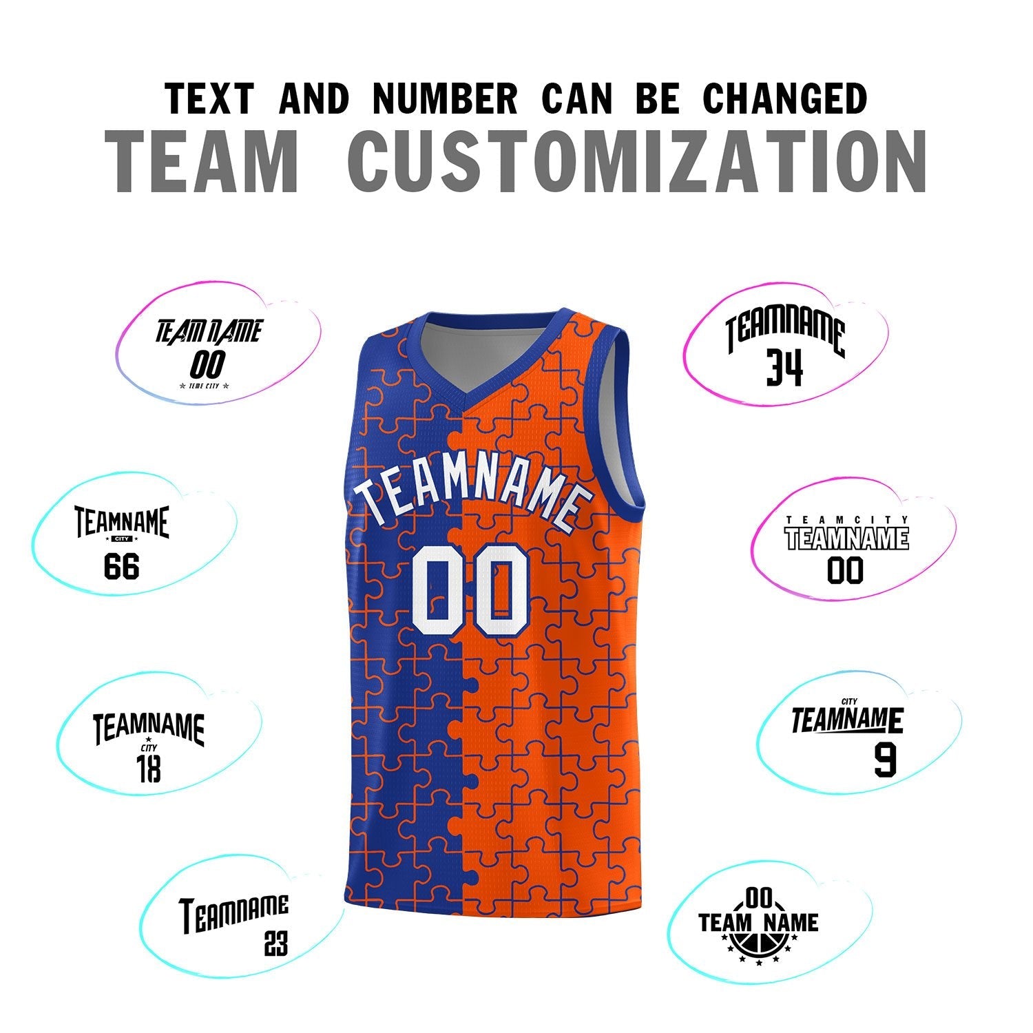 Custom Youth Basketball Jersey Royal Blue Orange Puzzle Pattern Breathable Team Uniform