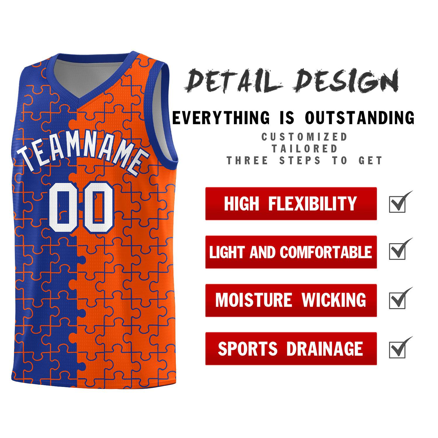 Custom Youth Basketball Jersey Royal Blue Orange Puzzle Pattern Breathable Team Uniform