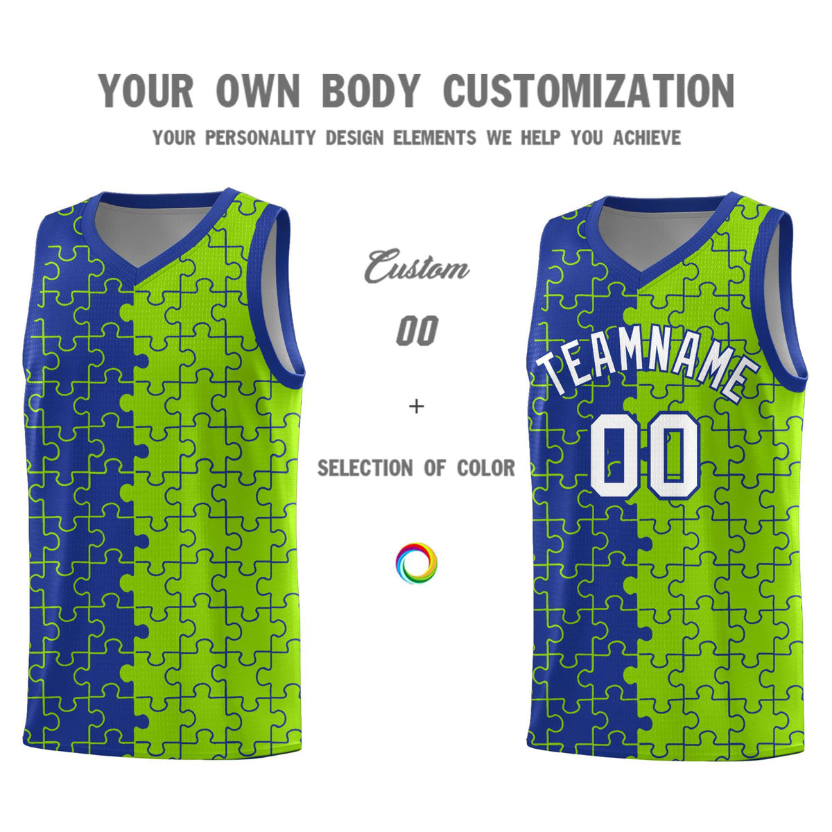 Custom Youth Basketball Jersey Royal Blue Neon Green Puzzle Pattern Moisture-Wicking Team Uniform