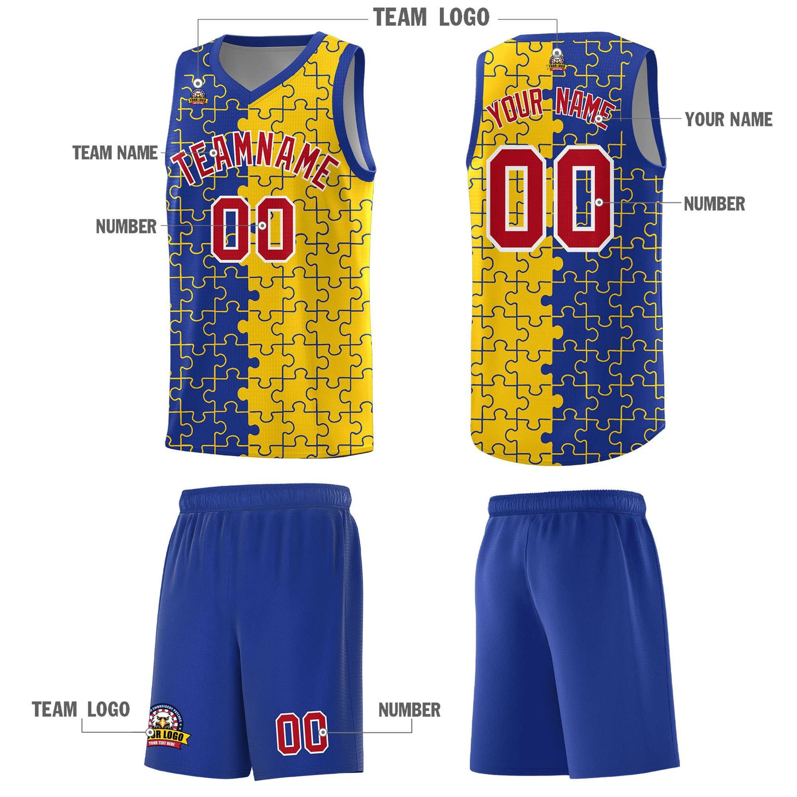 Custom Youth Basketball Jersey Royal Blue Gold Puzzle Pattern Add Name, Number & Team Logo