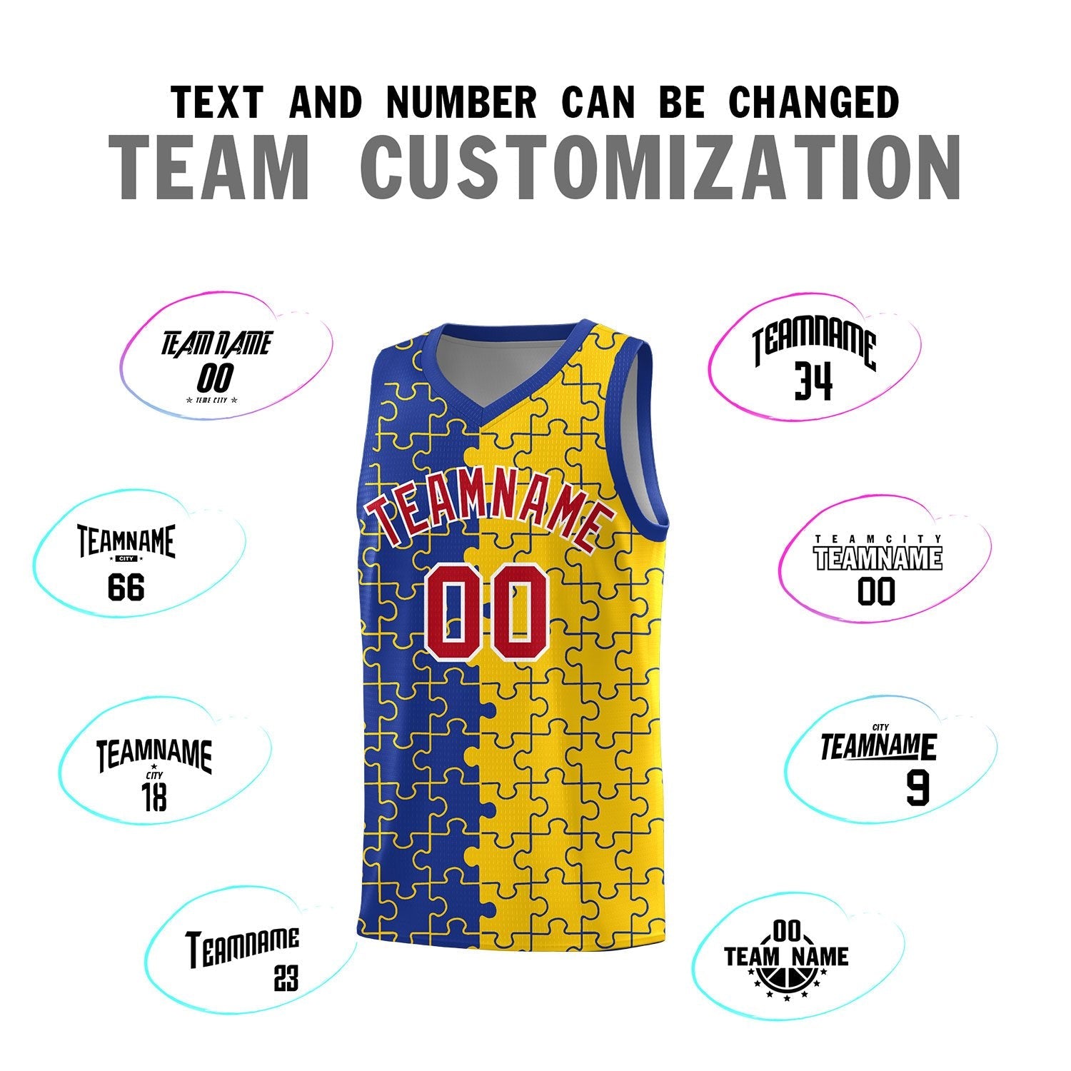 Custom Youth Basketball Jersey Royal Blue Gold Puzzle Pattern Add Name, Number & Team Logo