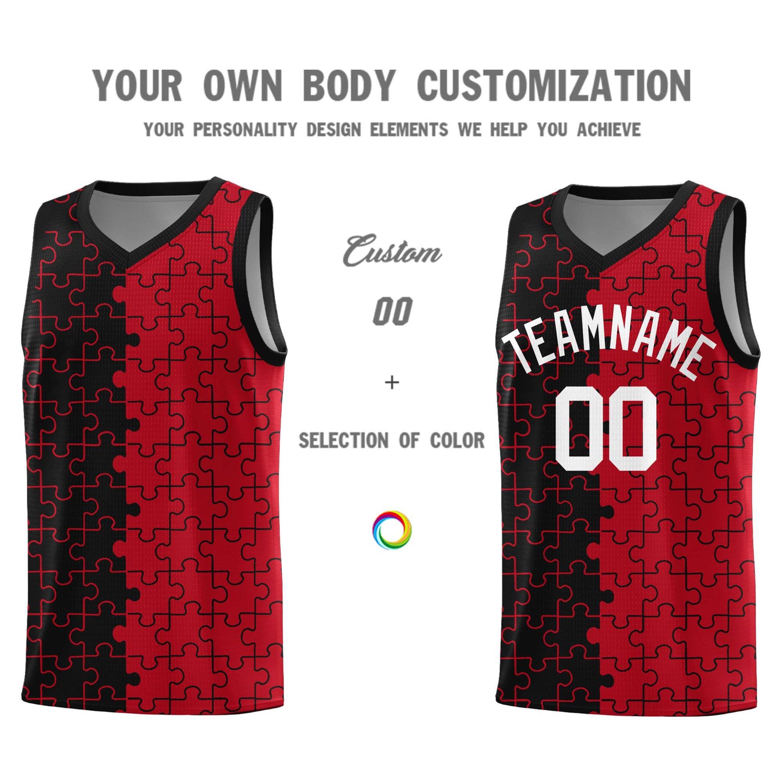 Custom Youth Basketball Jersey Black Red Puzzle Pattern Breathable Team Uniform