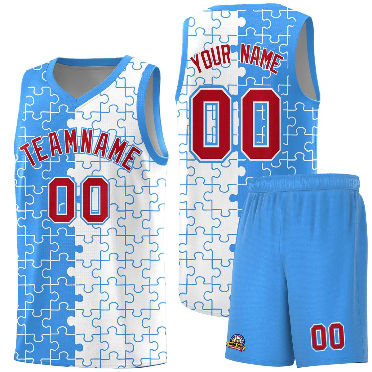 Custom Youth Basketball Jersey Light Blue White Puzzle Pattern Personalized Team Uniform