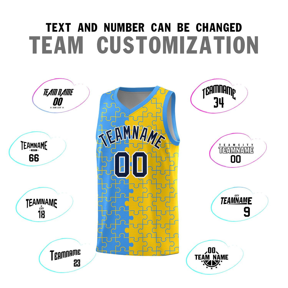 Custom Youth Basketball Jersey Light Blue Gold Puzzle Pattern Add Name, Number &amp; Team Logo