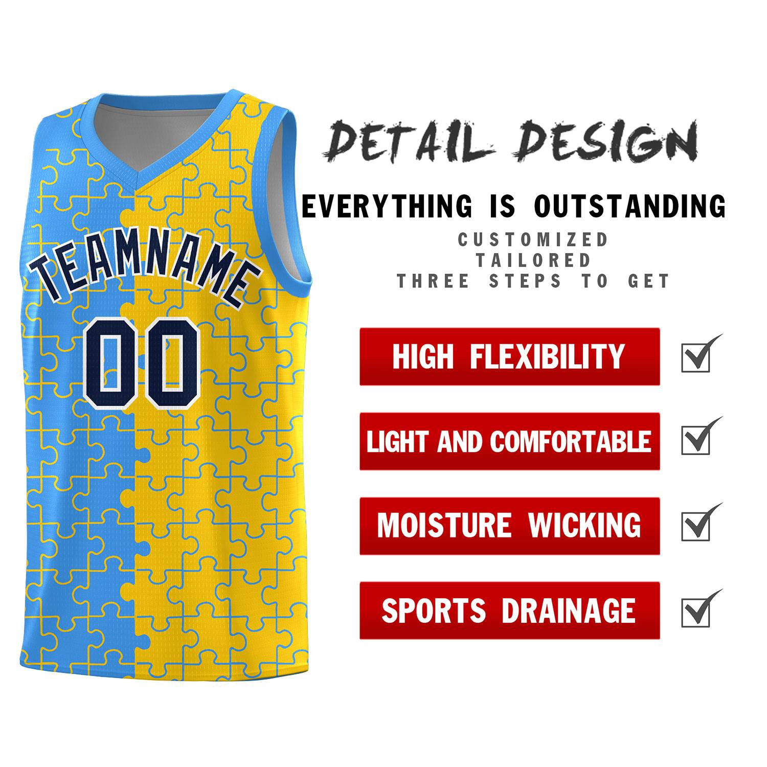 Custom Youth Basketball Jersey Light Blue Gold Puzzle Pattern Add Name, Number & Team Logo