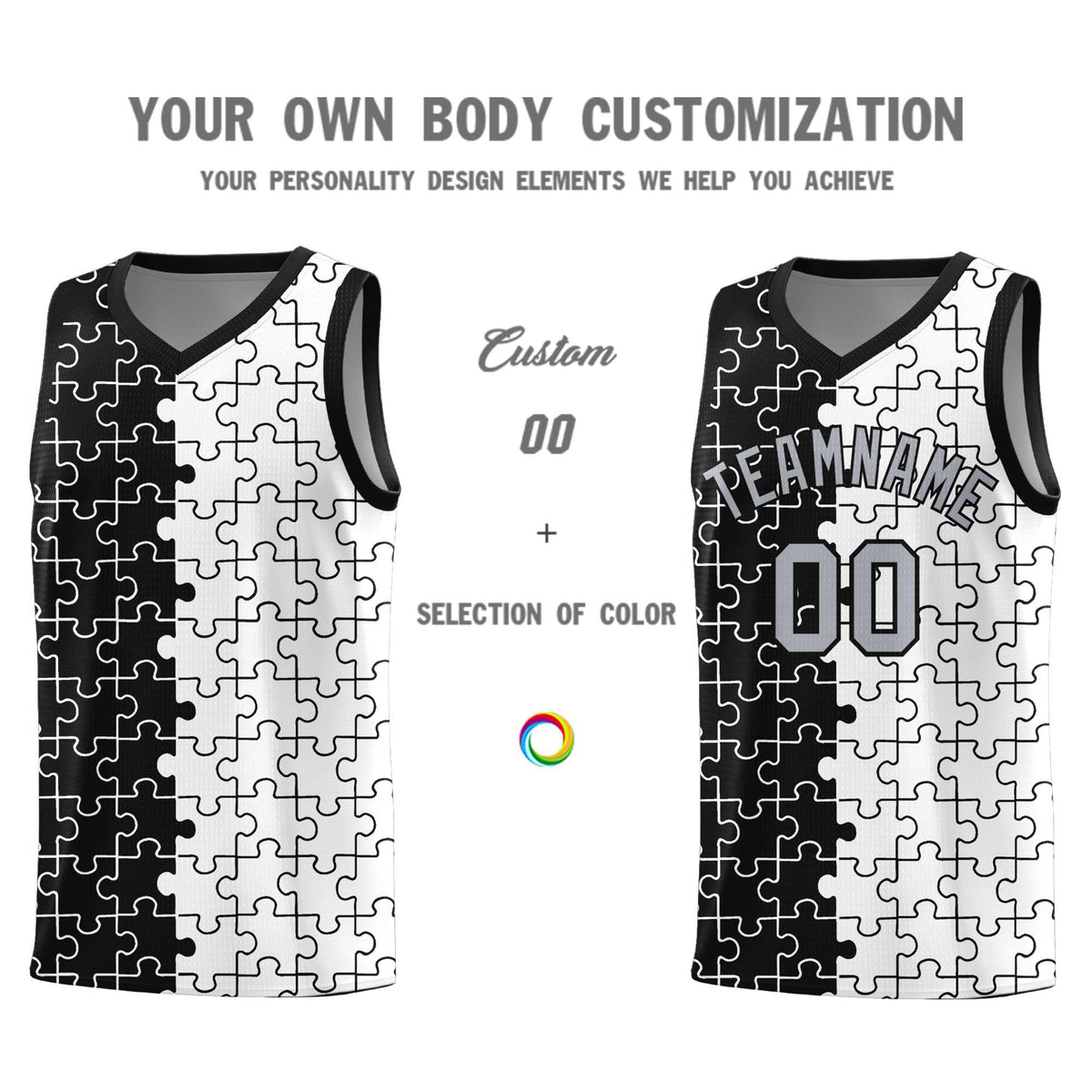 Custom Youth Basketball Jersey Black White Puzzle Pattern Breathable Team Uniform