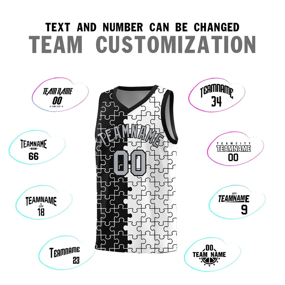 Custom Youth Basketball Jersey Black White Puzzle Pattern Breathable Team Uniform
