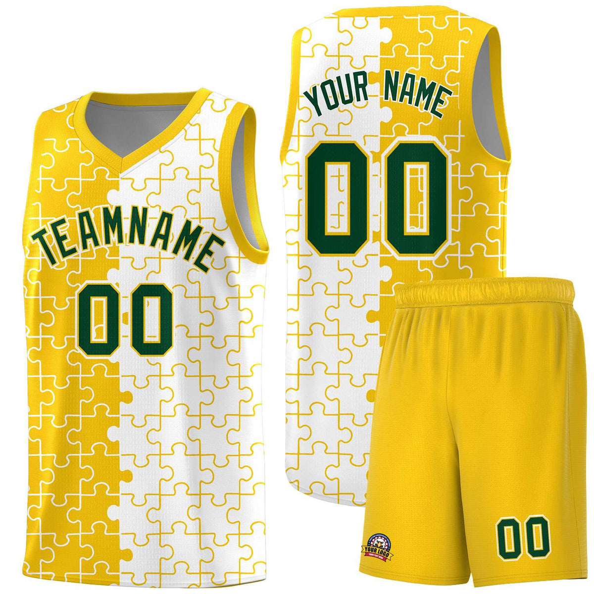 Custom Youth Basketball Jersey Gold White Puzzle Pattern Add Name, Number &amp; Team Logo