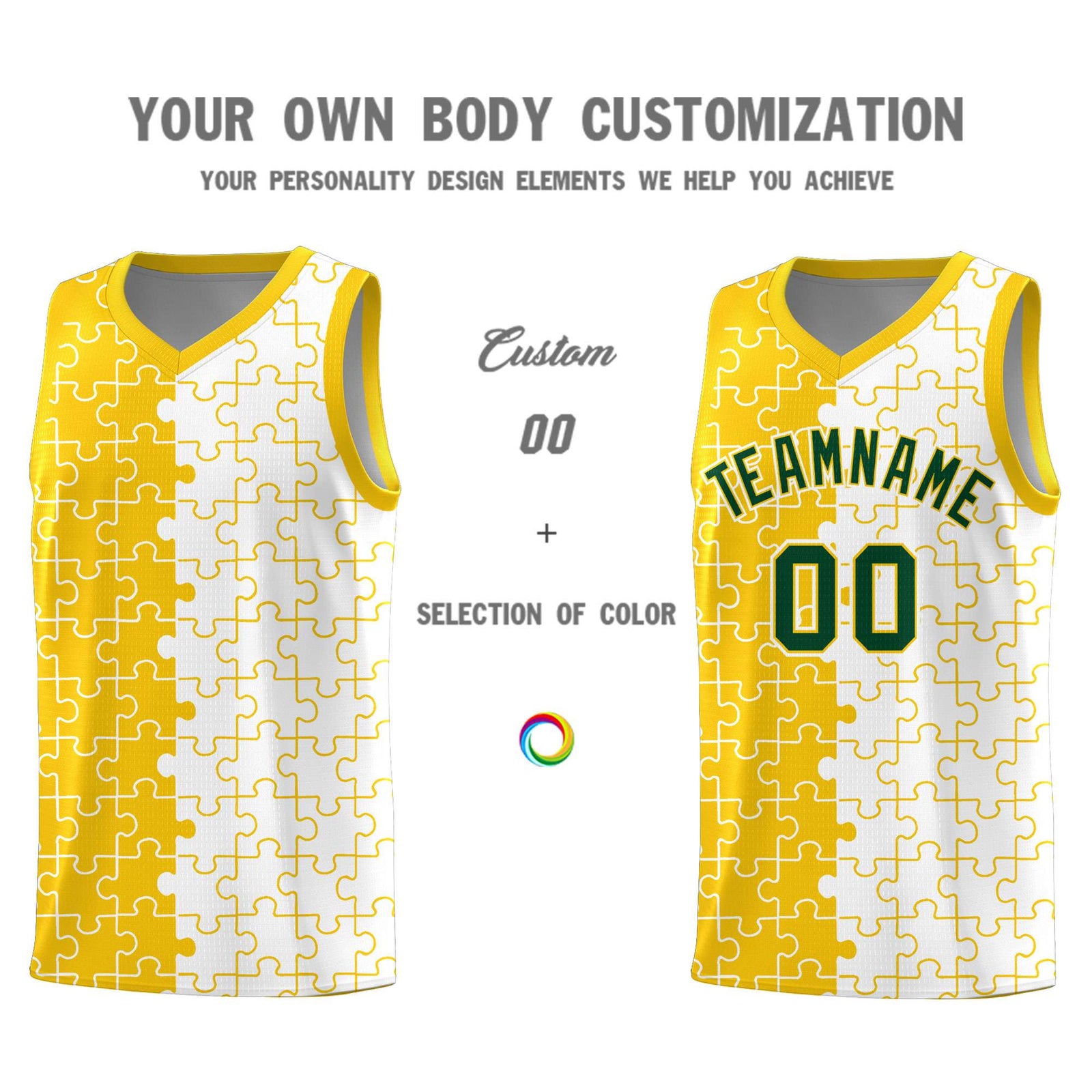 Custom Youth Basketball Jersey Gold White Puzzle Pattern Add Name, Number & Team Logo