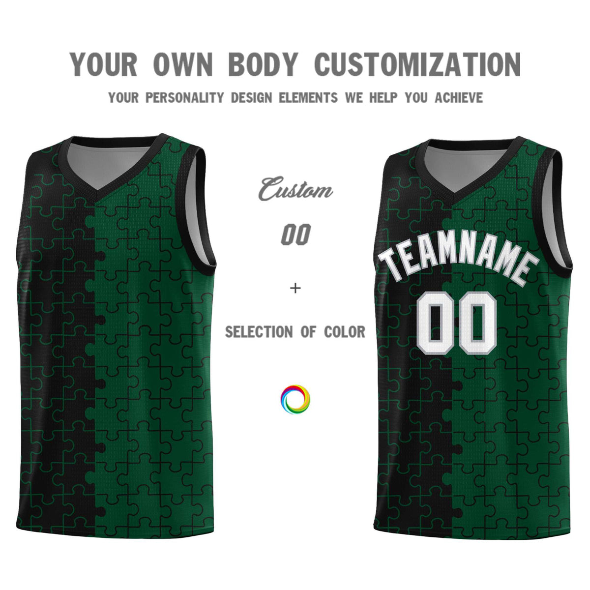 Custom Youth Basketball Jersey Black Green Puzzle Pattern Breathable Team Uniform