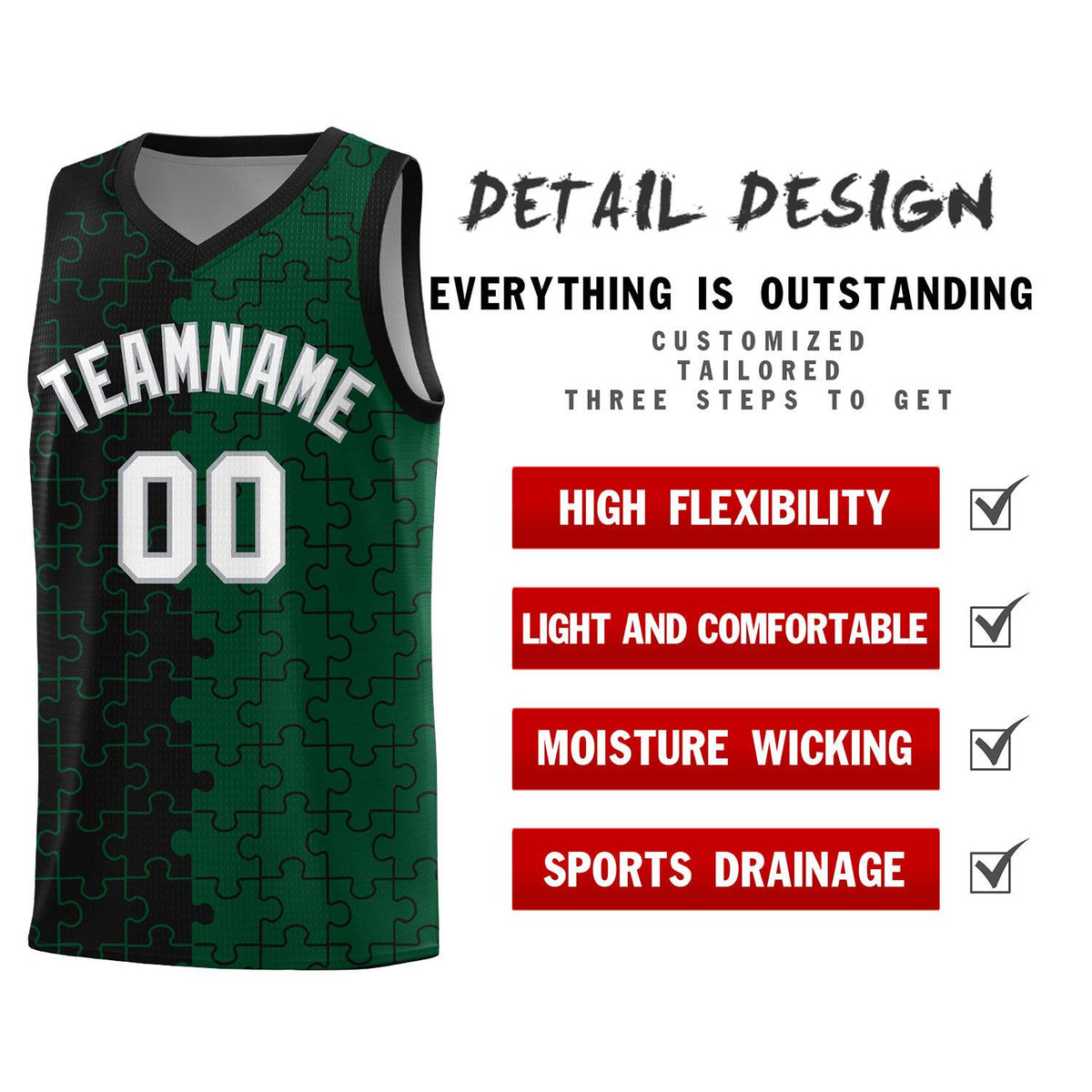 Custom Youth Basketball Jersey Black Green Puzzle Pattern Breathable Team Uniform