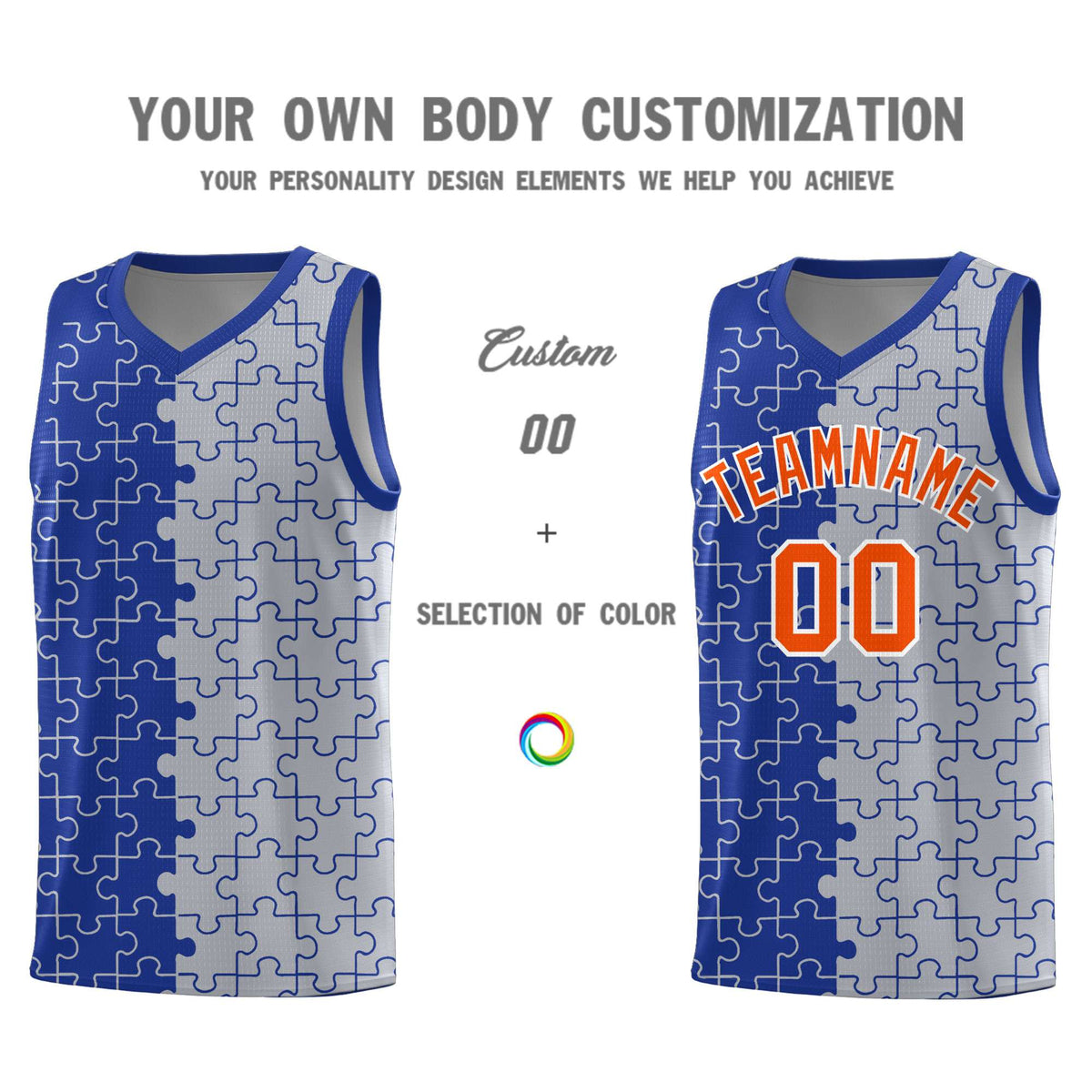 Custom Youth Basketball Jersey Royal Blue Gray Puzzle Pattern Moisture-Wicking Team Uniform