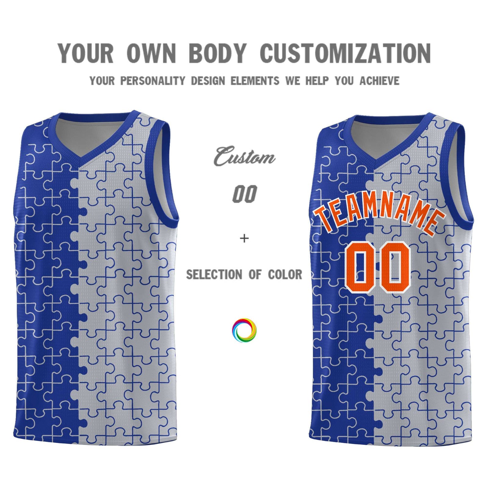 Custom Youth Basketball Jersey Royal Blue Gray Puzzle Pattern Moisture-Wicking Team Uniform