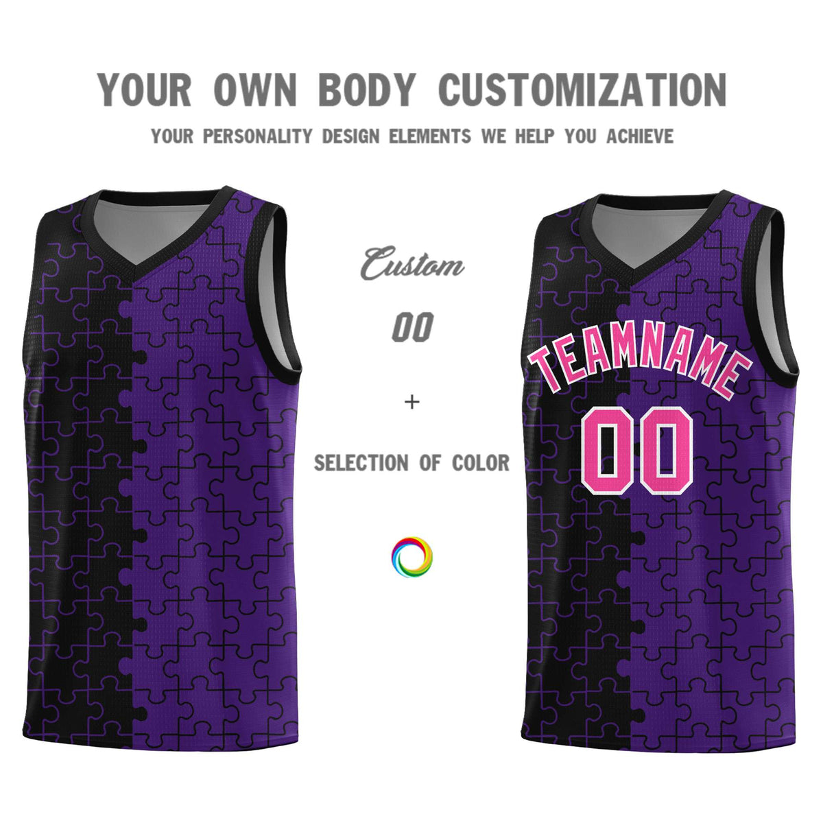 Custom Youth Basketball Jersey Black Purple Puzzle Pattern Personalized Team Uniform