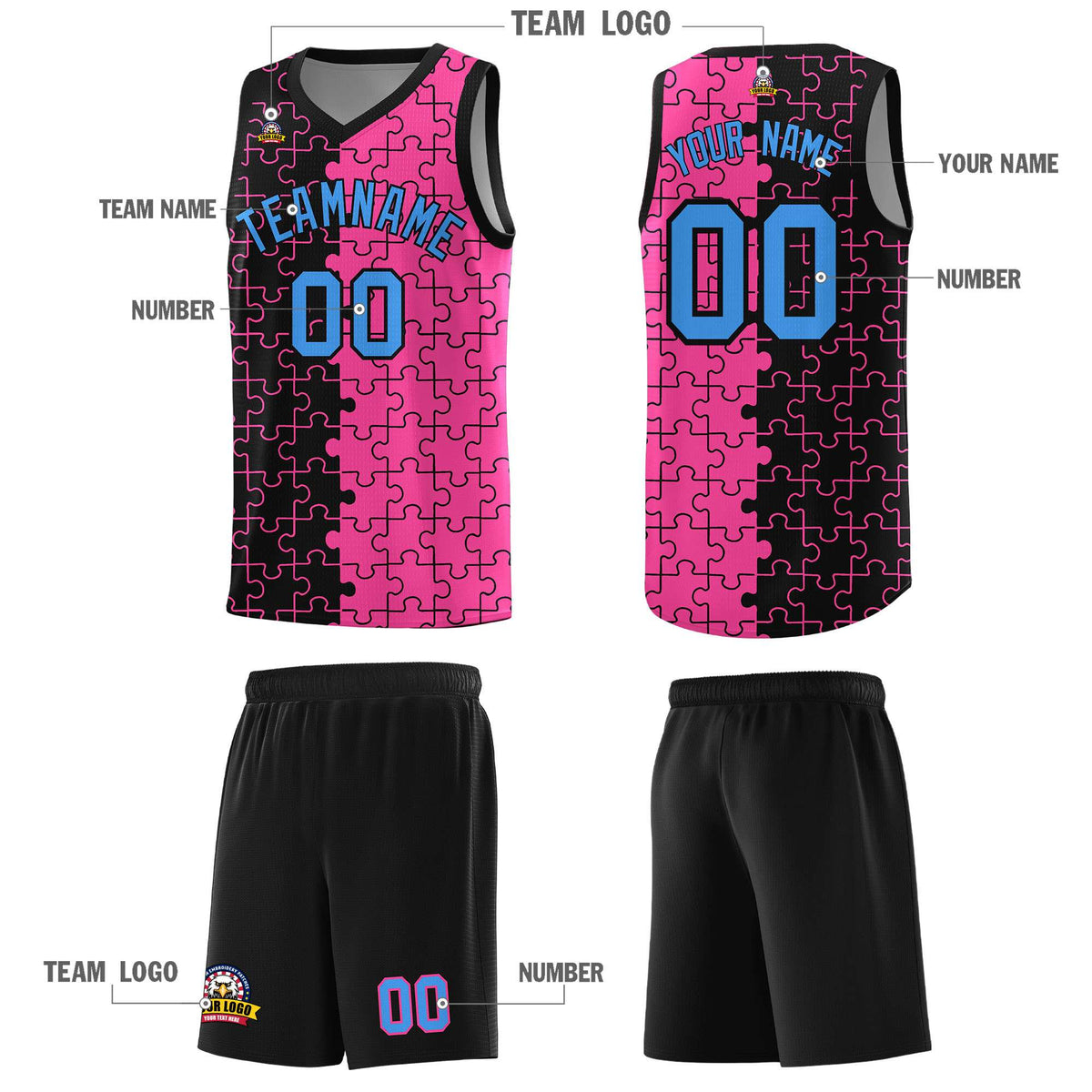 Custom Youth Basketball Jersey Black Pink Puzzle Pattern Add Name, Number &amp; Team Logo