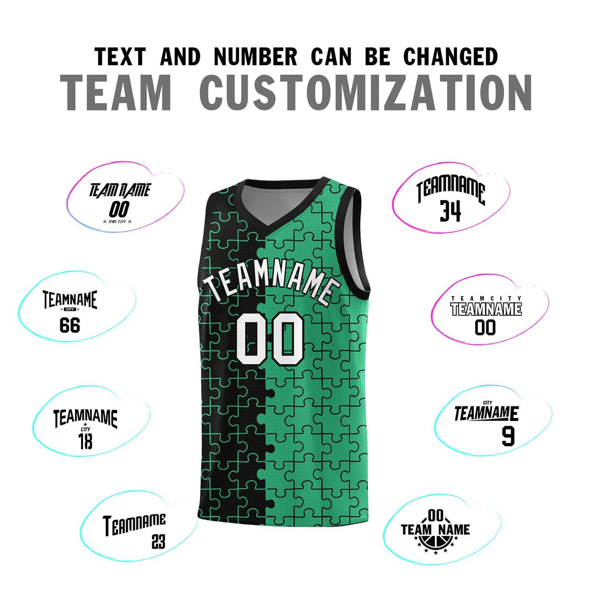 Custom Youth Basketball Jersey Black Green Puzzle Pattern Personalized Team Uniform