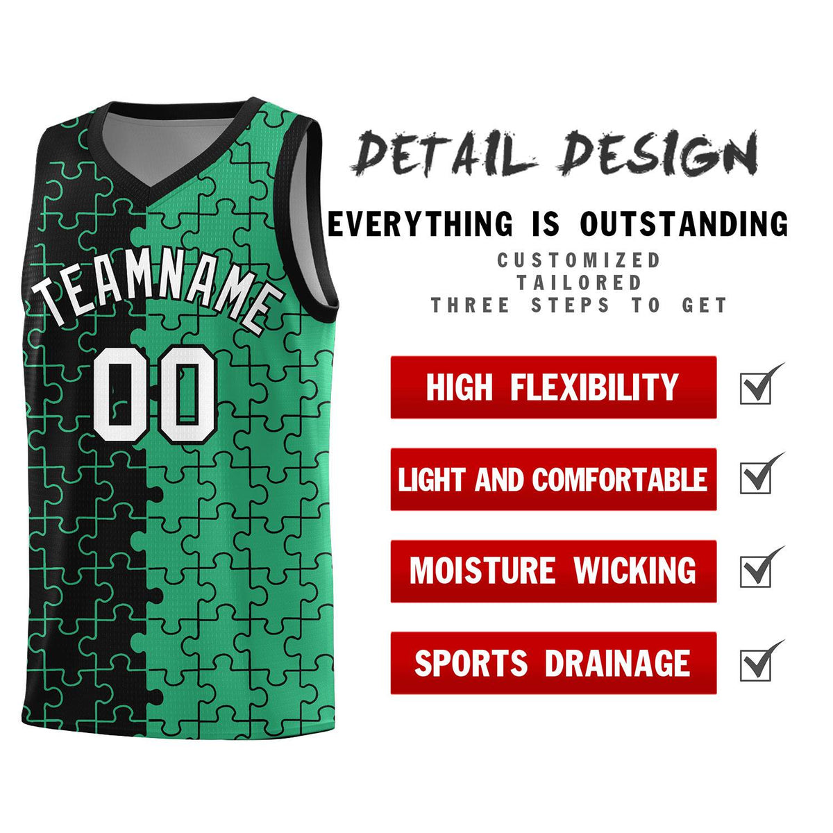 Custom Youth Basketball Jersey Black Green Puzzle Pattern Personalized Team Uniform