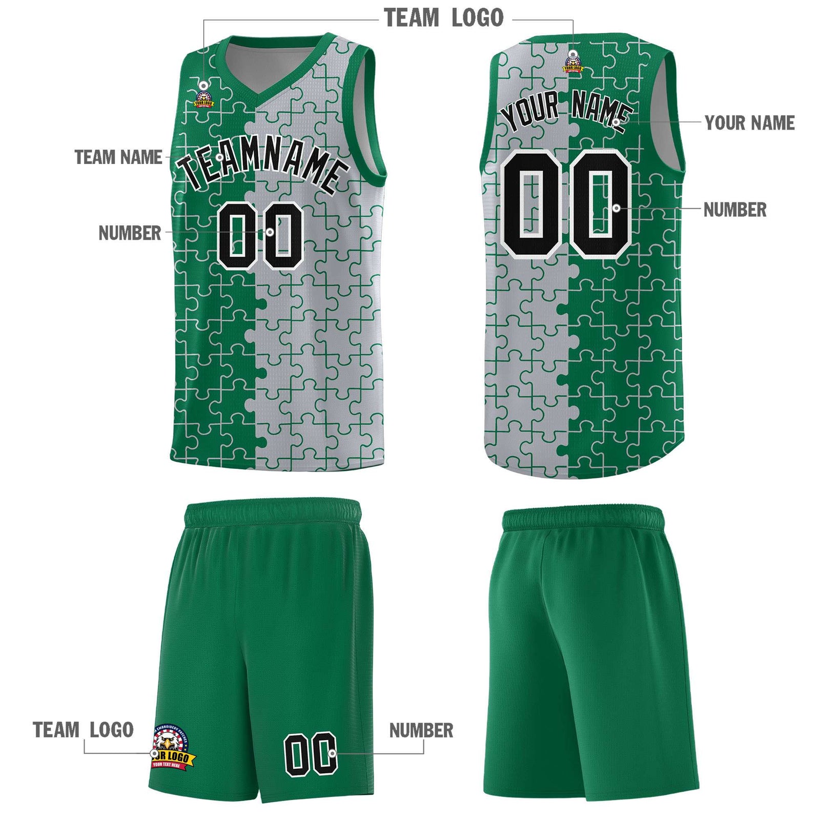 Custom Youth Basketball Jersey Kelly Green Gray Puzzle Pattern Add Name, Number & Team Logo