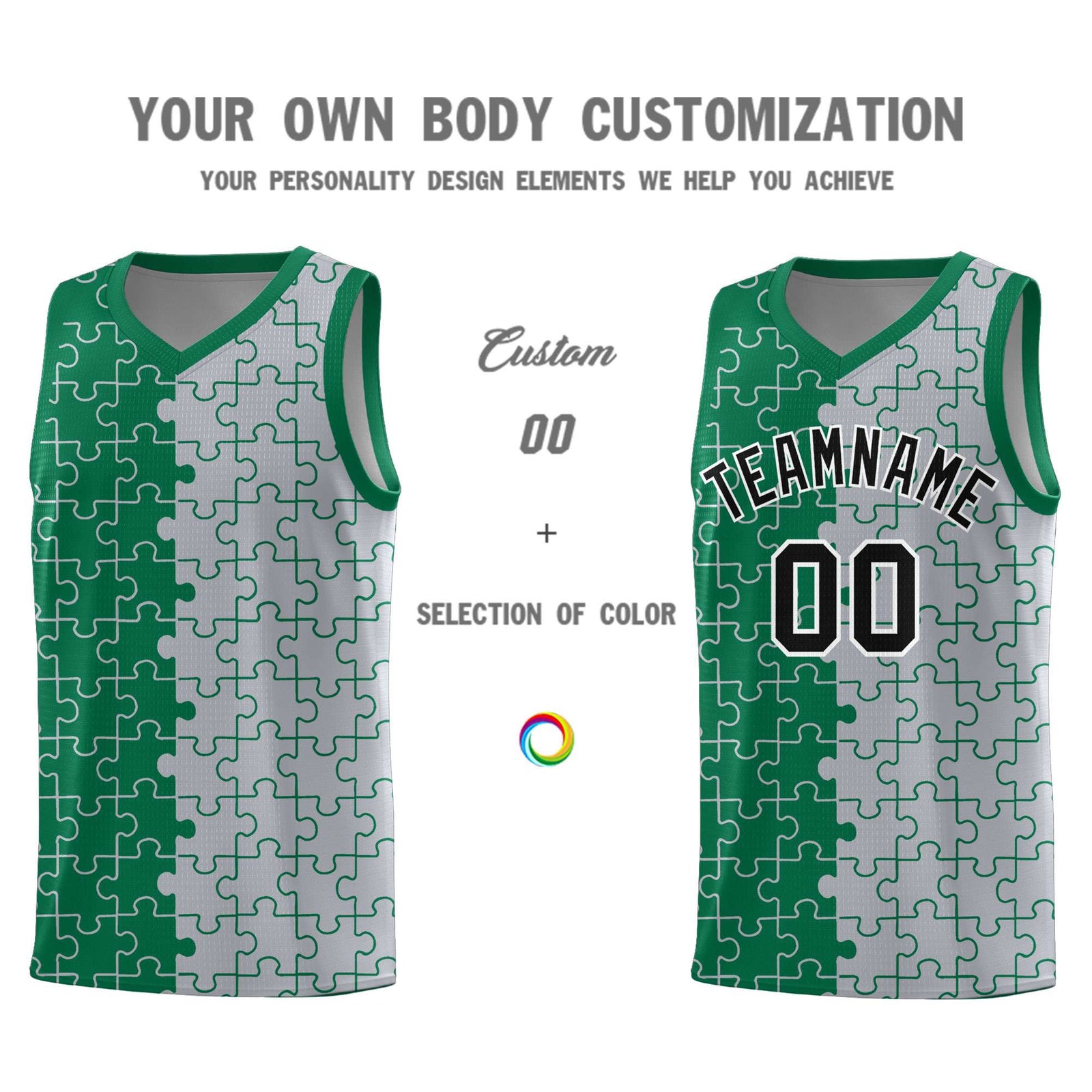 Custom Youth Basketball Jersey Kelly Green Gray Puzzle Pattern Add Name, Number & Team Logo