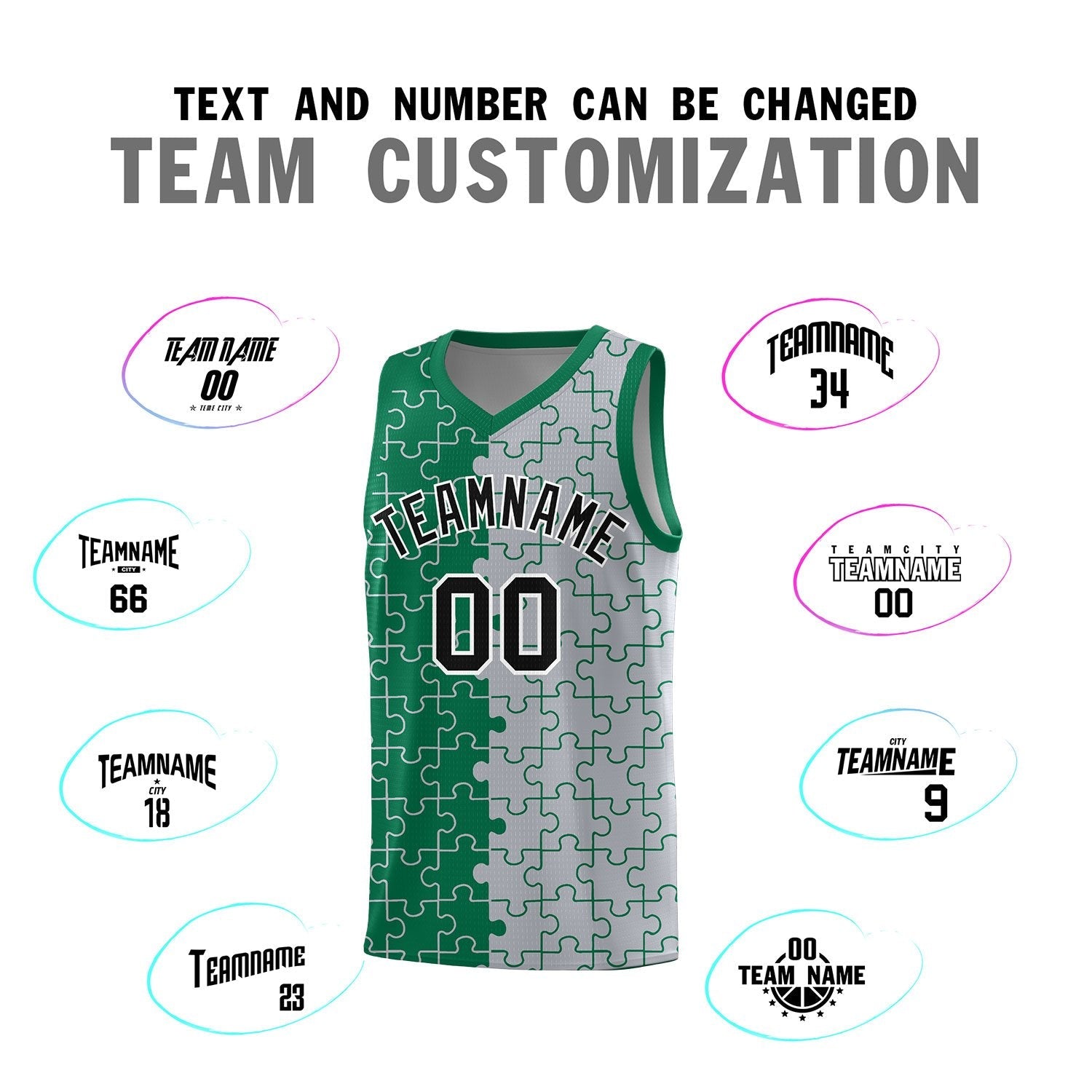 Custom Youth Basketball Jersey Kelly Green Gray Puzzle Pattern Add Name, Number & Team Logo