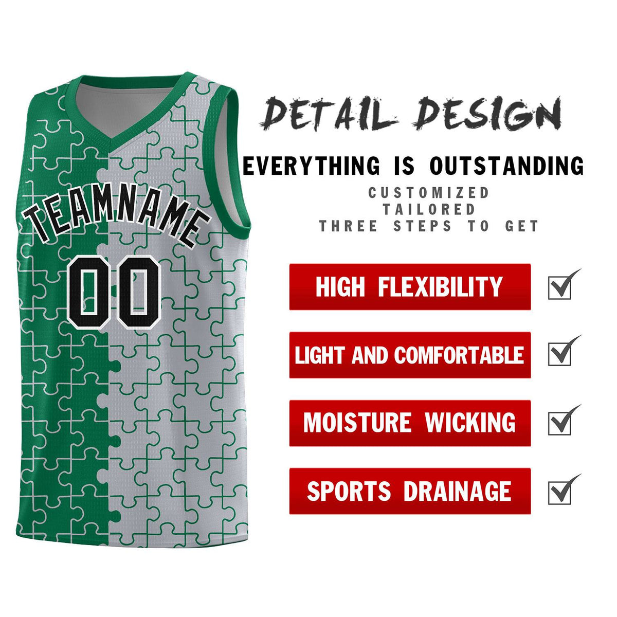 Custom Youth Basketball Jersey Kelly Green Gray Puzzle Pattern Add Name, Number &amp; Team Logo