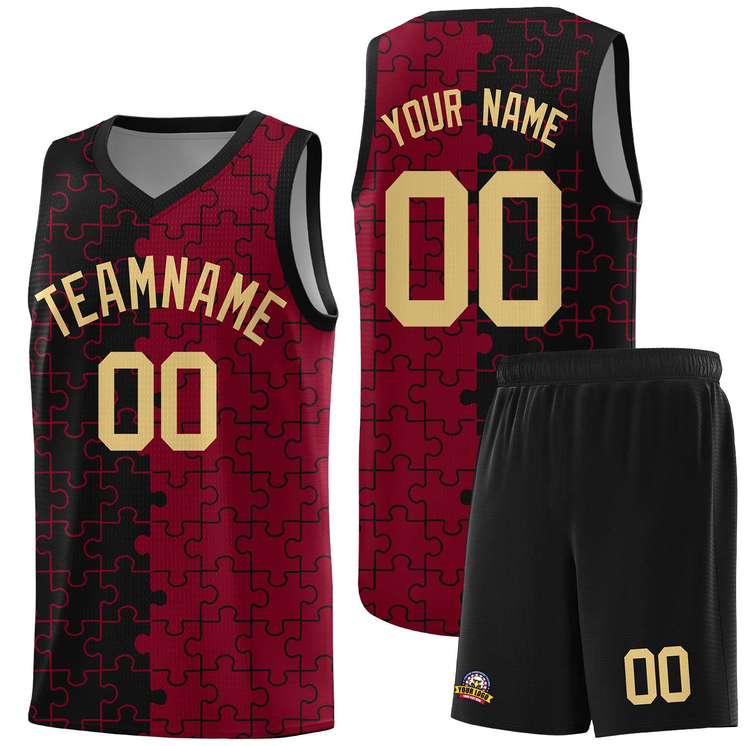 Custom Youth Basketball Jersey Black Crimson Puzzle Pattern Breathable Team Uniform