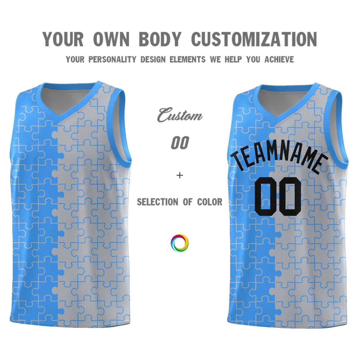 Custom Youth Basketball Jersey Light Blue Gray Puzzle Pattern Add Name, Number &amp; Team Logo