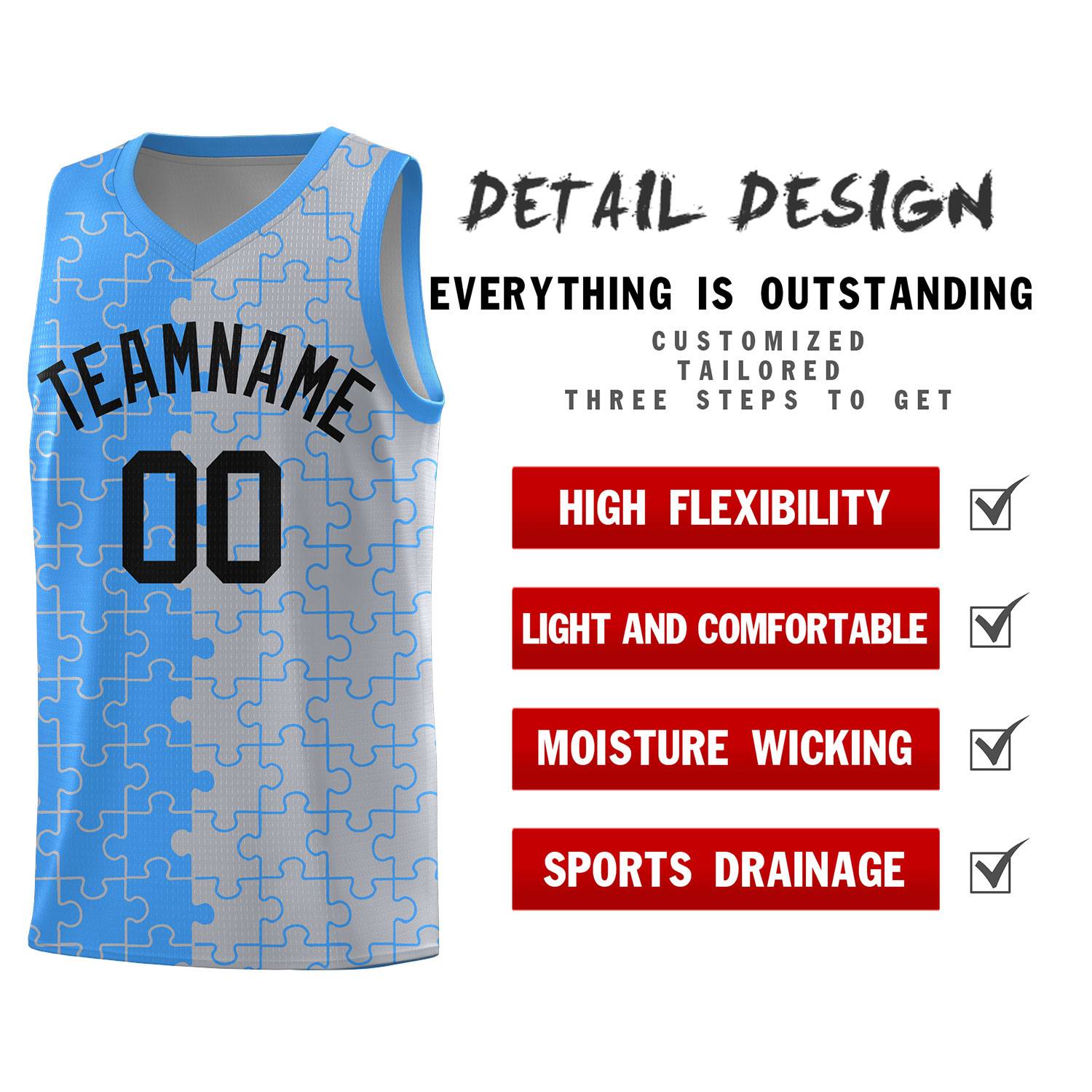 Custom Youth Basketball Jersey Light Blue Gray Puzzle Pattern Add Name, Number & Team Logo