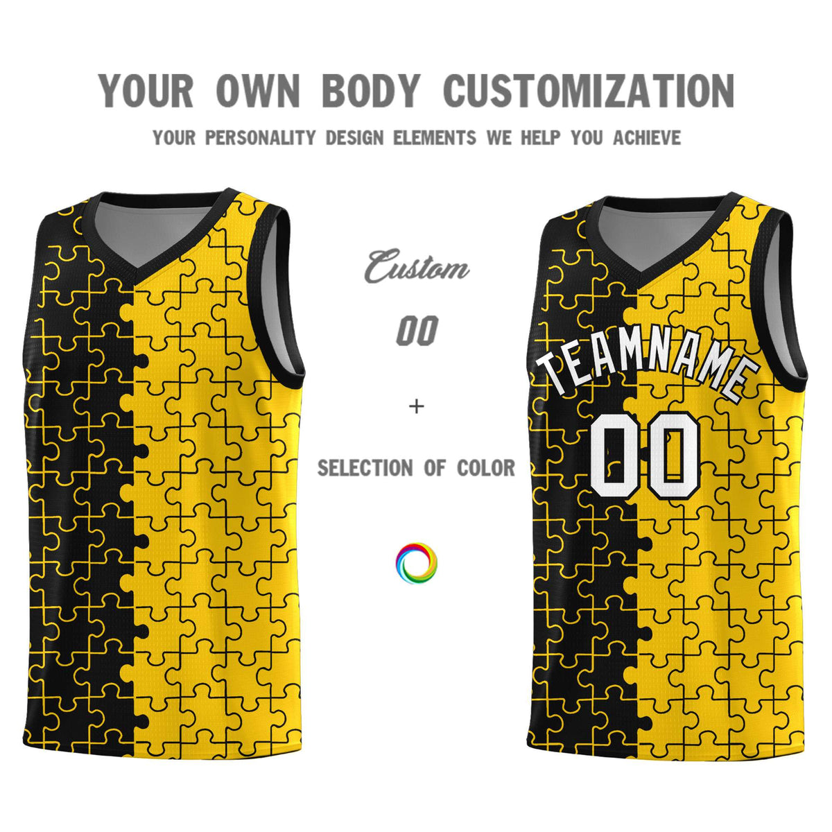 Custom Youth Basketball Jersey Black Gold Puzzle Pattern Breathable Team Uniform