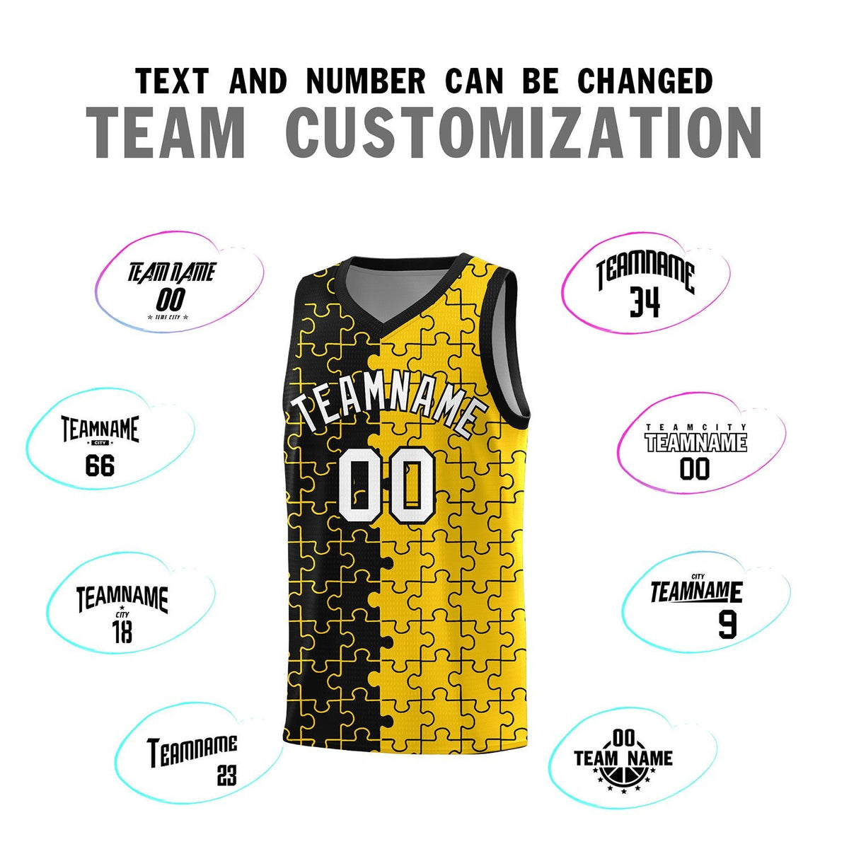 Custom Youth Basketball Jersey Black Gold Puzzle Pattern Breathable Team Uniform