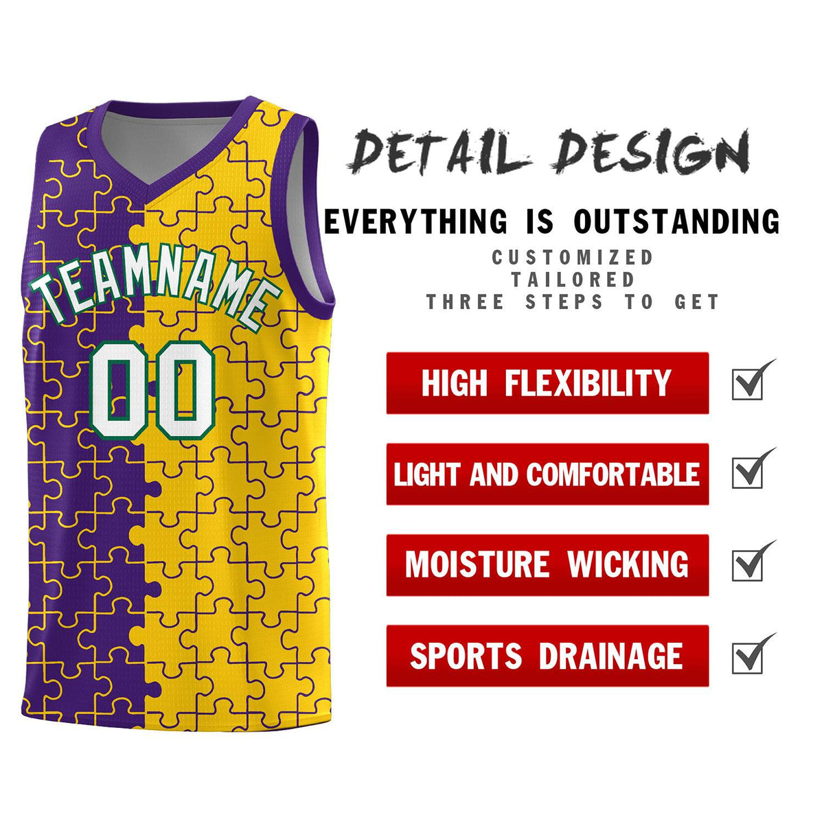 Custom Youth Basketball Jersey Purple Gold Puzzle Pattern Personalized Team Uniform
