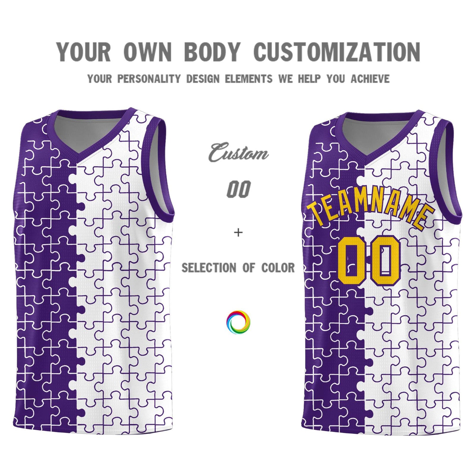 Custom Youth Basketball Jersey Purple White Puzzle Pattern Add Name, Number & Team Logo