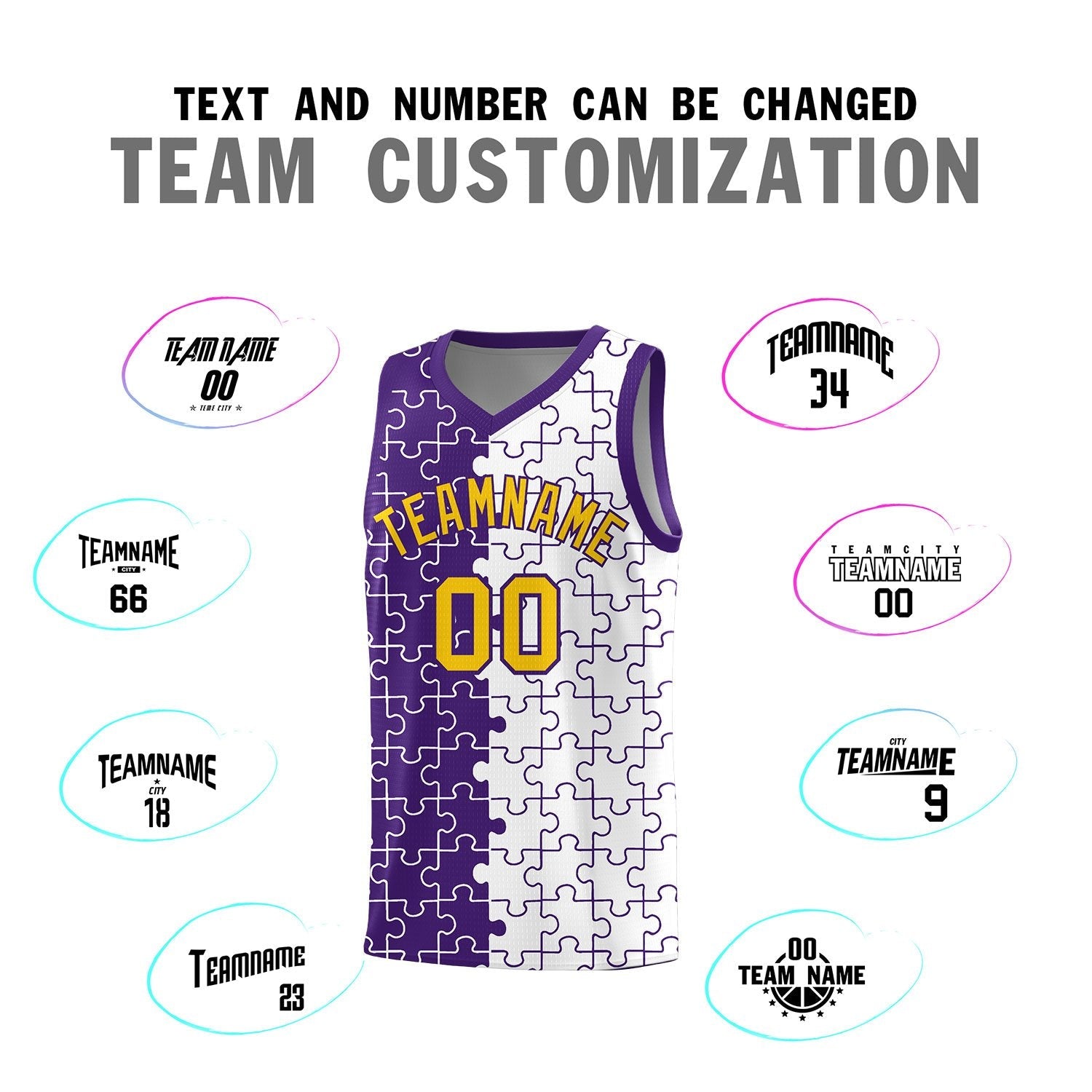 Custom Youth Basketball Jersey Purple White Puzzle Pattern Add Name, Number & Team Logo