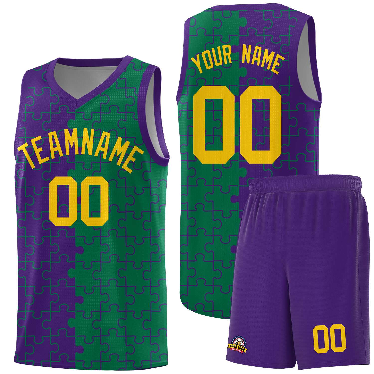 Custom Youth Basketball Jersey Purple Kelly Green Puzzle Pattern Breathable Team Uniform