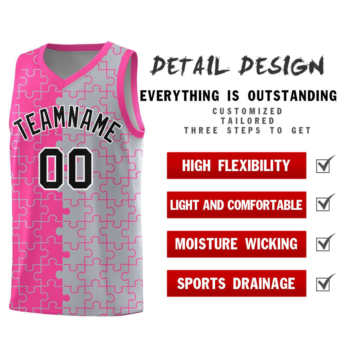 Custom Youth Basketball Jersey Pink Gray Puzzle Pattern Personalized Team Uniform