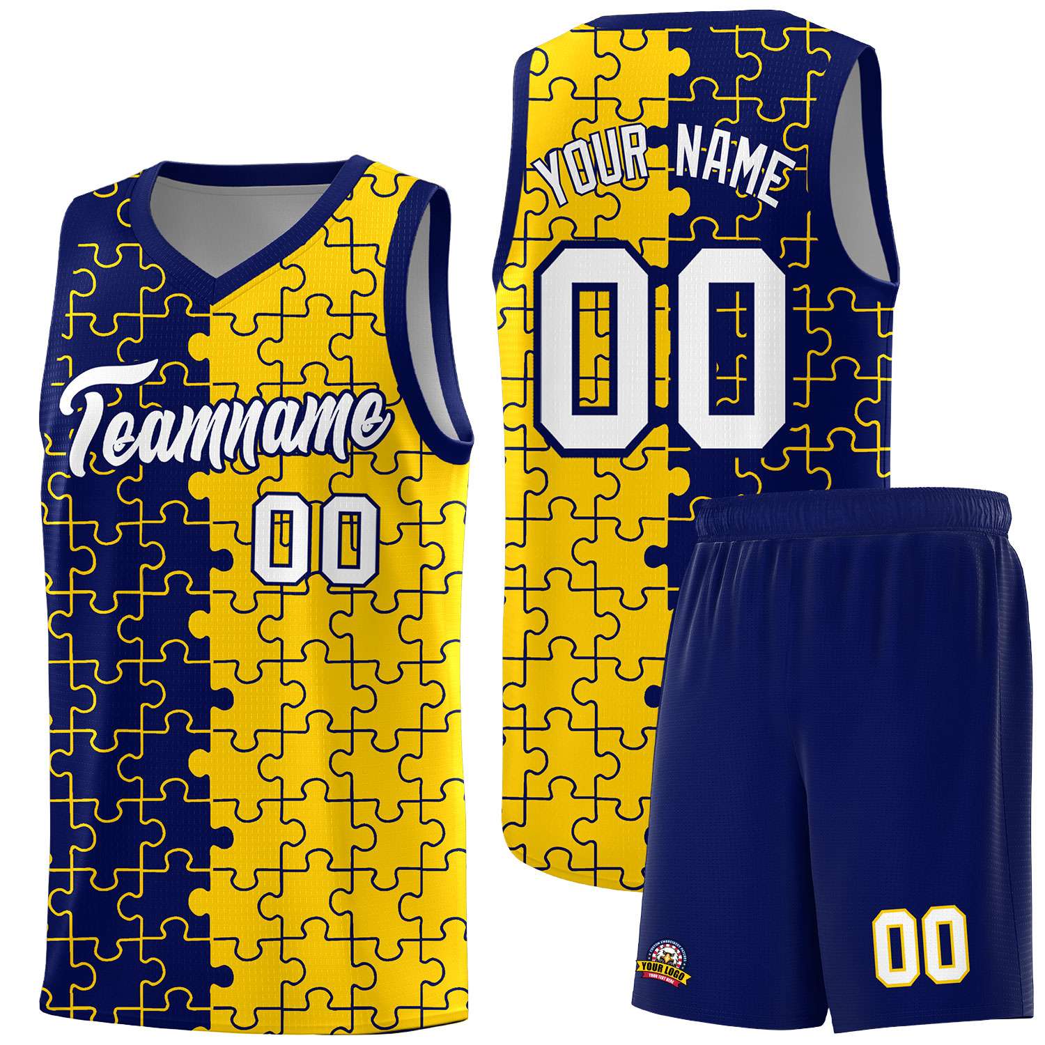 Custom Youth Basketball Jersey Navy Gold Puzzle Pattern Personalized Team Uniform