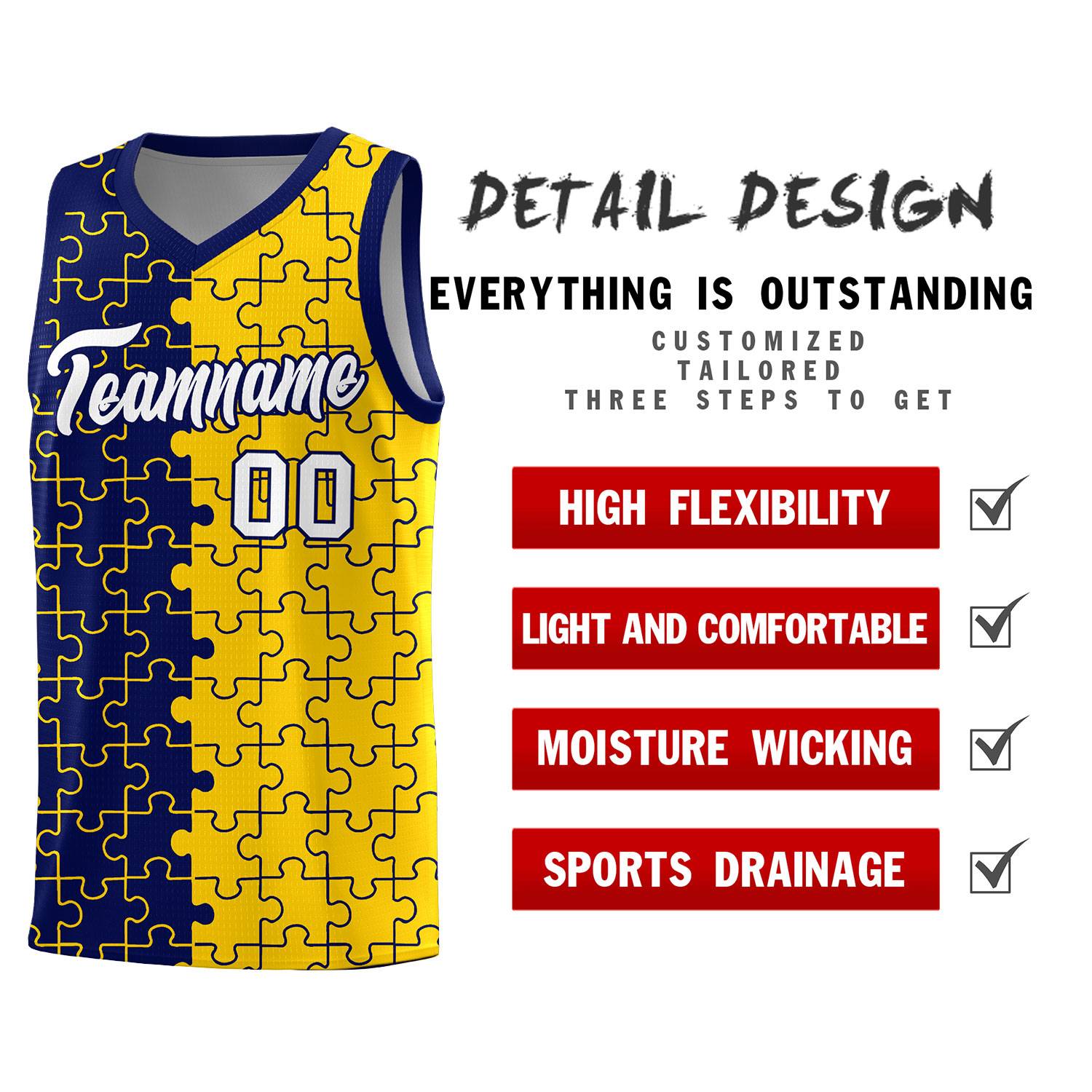 Custom Youth Basketball Jersey Navy Gold Puzzle Pattern Personalized Team Uniform