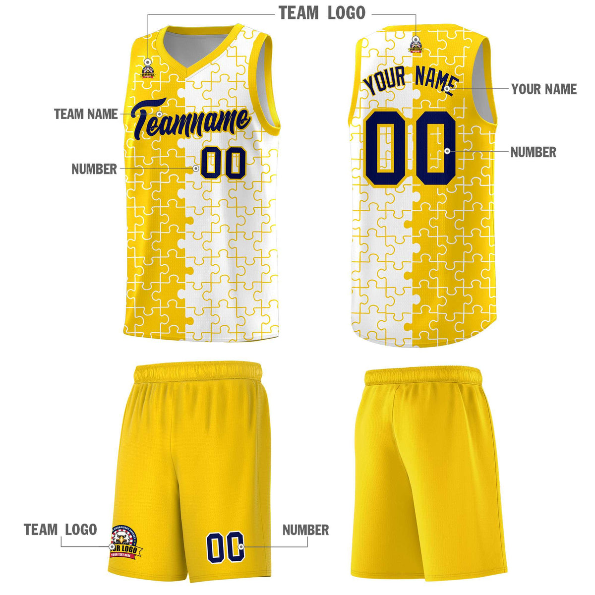 Custom Youth Basketball Jersey Gold White Puzzle Pattern Add Name, Number &amp; Team Logo