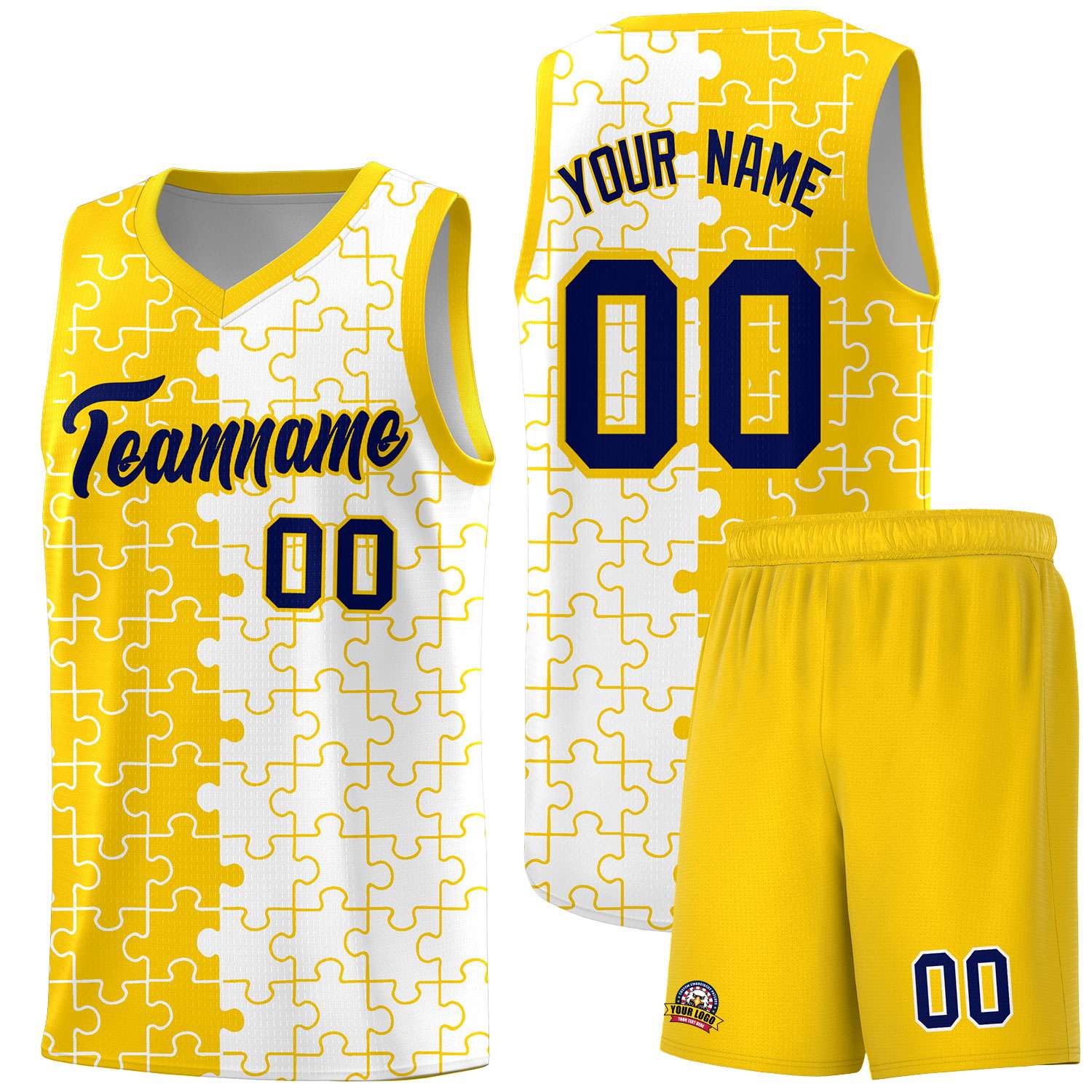 Custom Youth Basketball Jersey Gold White Puzzle Pattern Add Name, Number & Team Logo