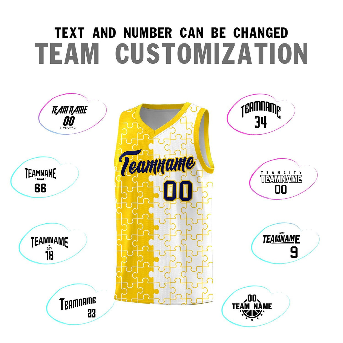 Custom Youth Basketball Jersey Gold White Puzzle Pattern Add Name, Number &amp; Team Logo