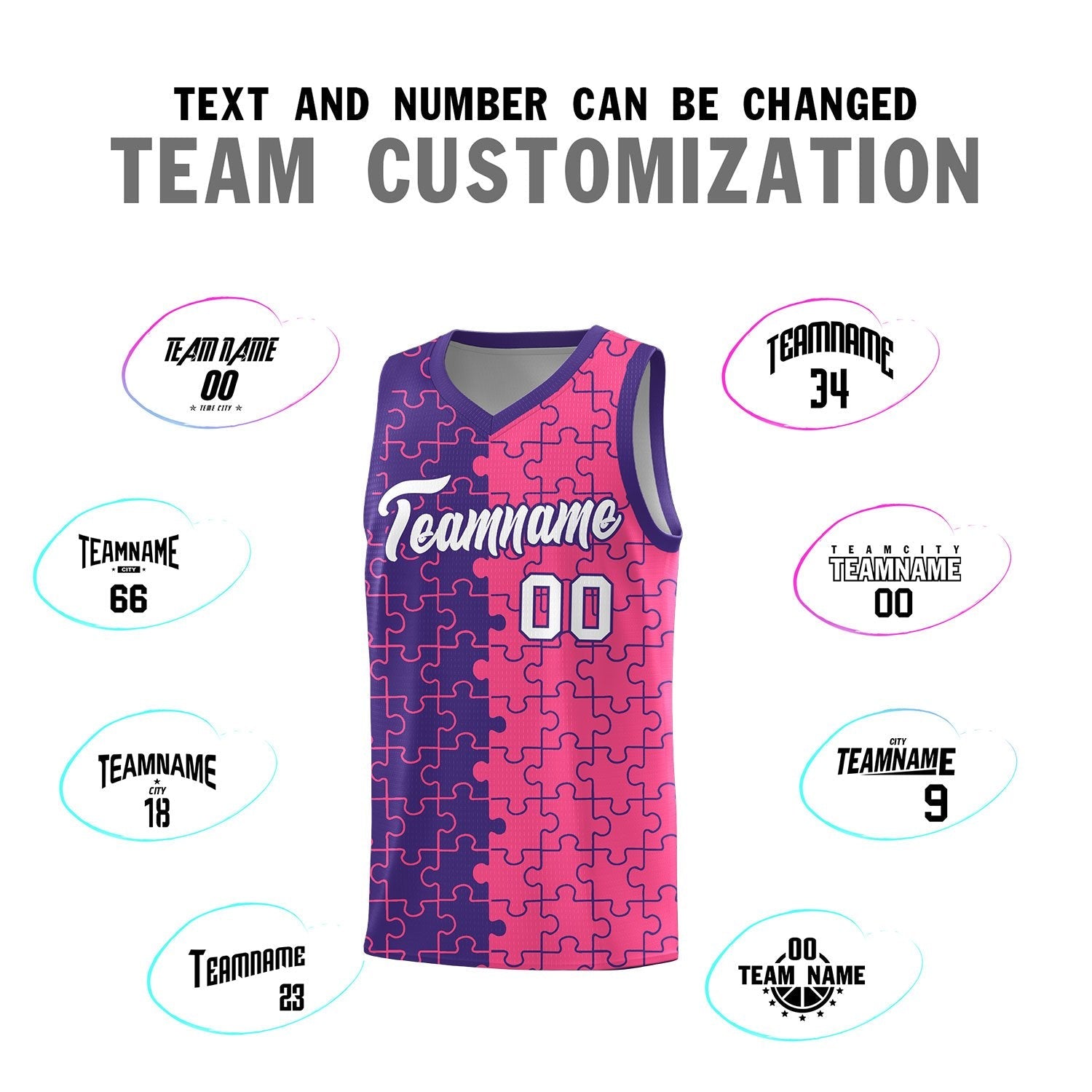 Custom Youth Basketball Jersey Purple Pink Puzzle Pattern Breathable Team Uniform