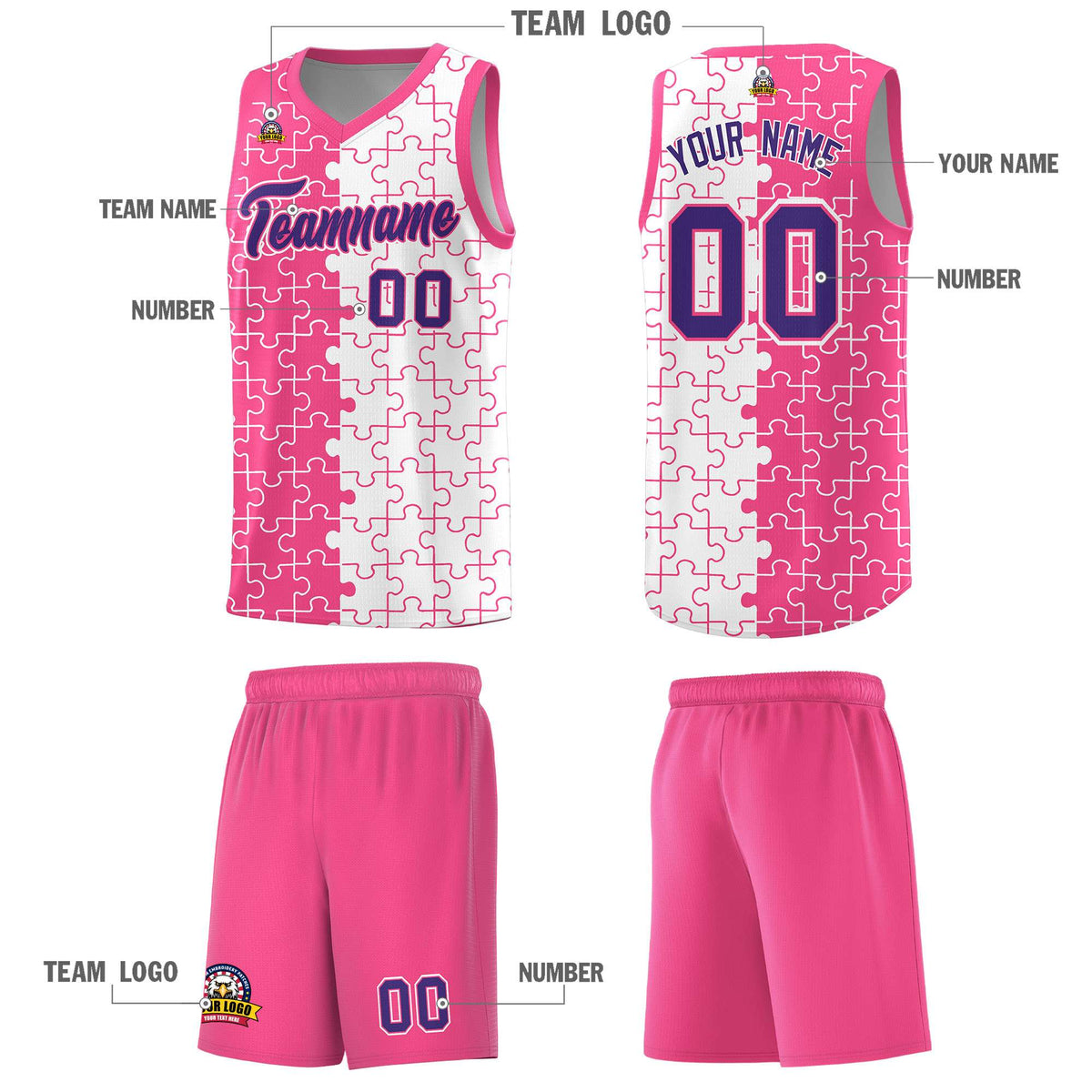 Custom Youth Basketball Jersey Pink White Puzzle Pattern Moisture-Wicking Team Uniform