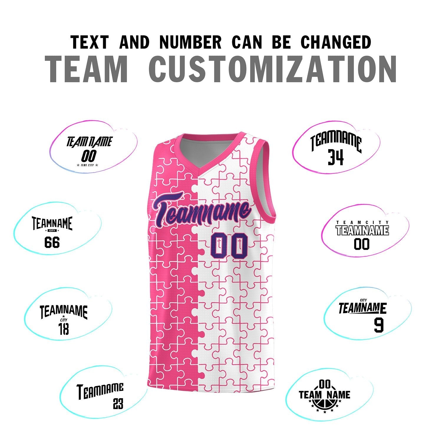 Custom Youth Basketball Jersey Pink White Puzzle Pattern Moisture-Wicking Team Uniform